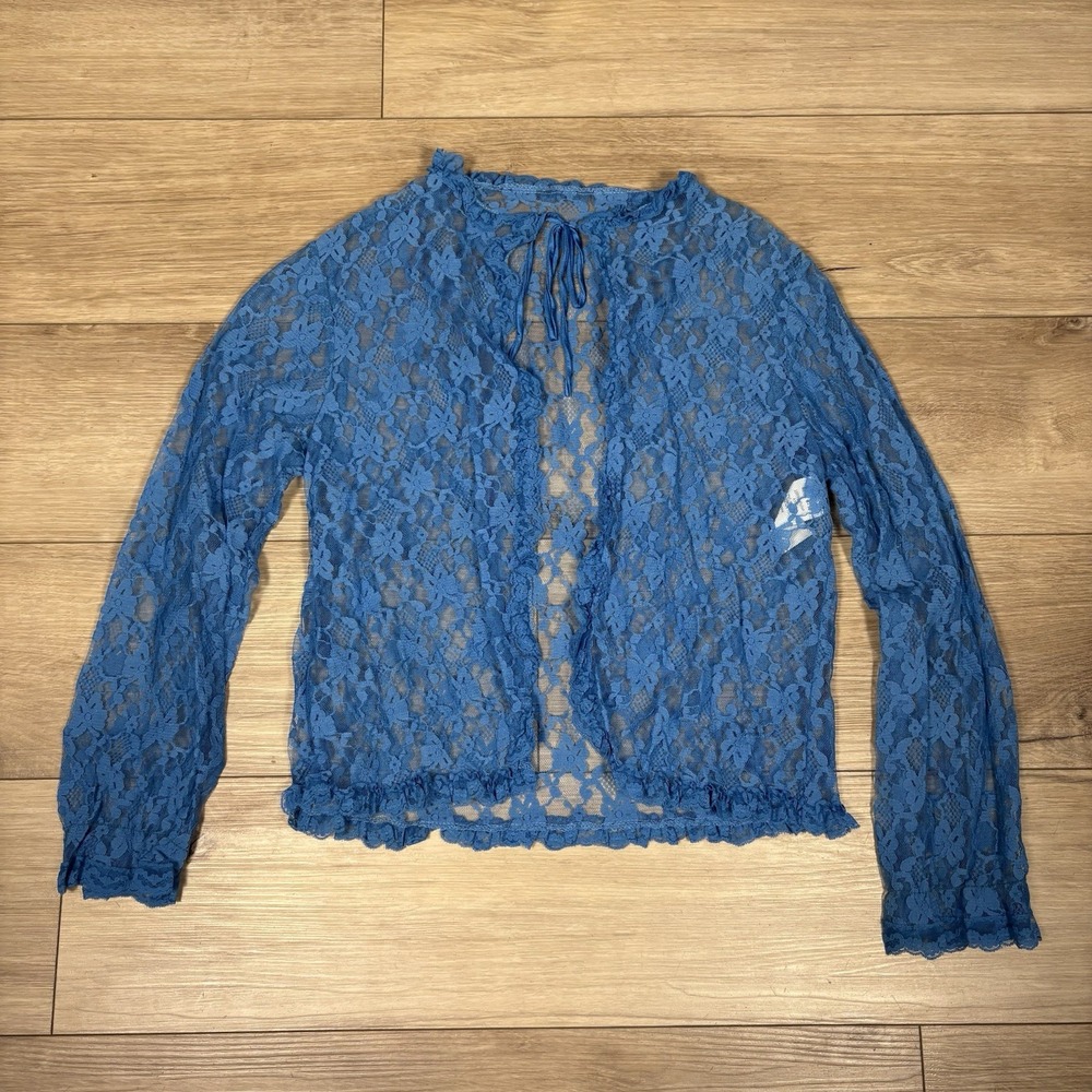 Vintage JCPenney Womens Blue‎ Lace Long Sleeve  Tie Front Cardigan Made in USA S